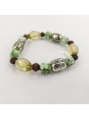 Vintage Beaded Stretch Bracelet Yellow and Green With Silver-Tone Accent Beads
